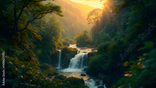 Serene Waterfall in Lush Forest at Sunset