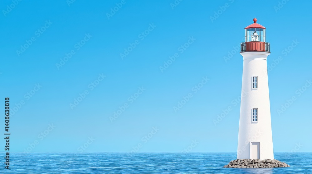 Fototapeta premium Solitary White Lighthouse on Calm Blue Ocean Under Clear Sky