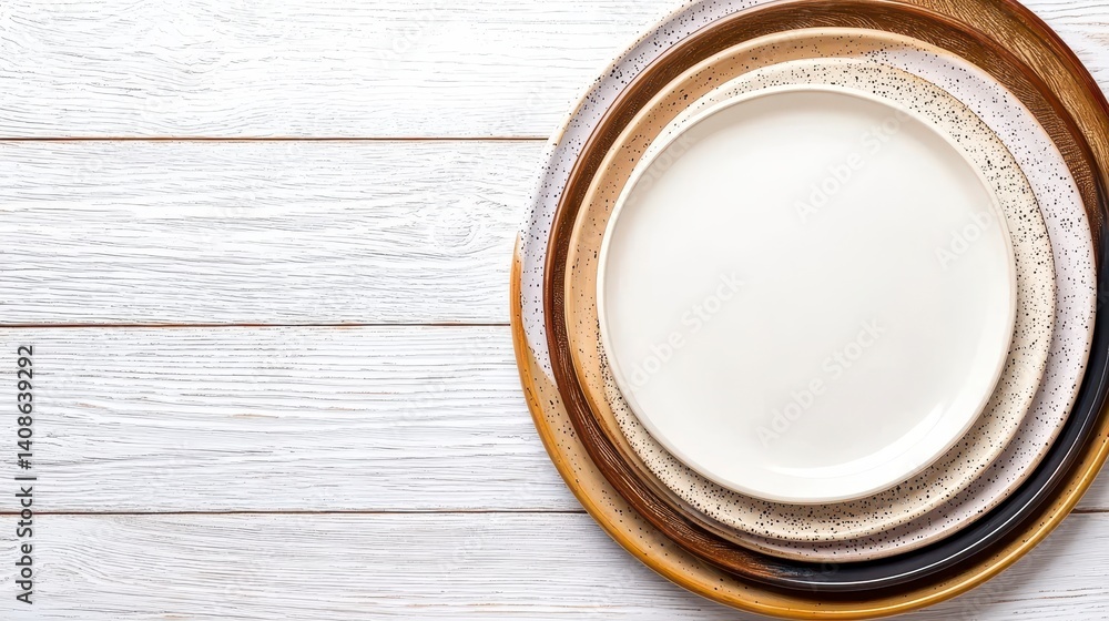 Stack of Ceramic Plates on Rustic White Wood Stack of Ceramic Plates on Rustic White Wood