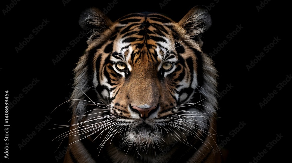 Fototapeta premium Majestic tiger portrait, black background, wildlife, zoo