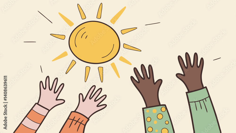 Children's hands reaching for the sun in a playful style Children's hands reaching for the sun in a playful style