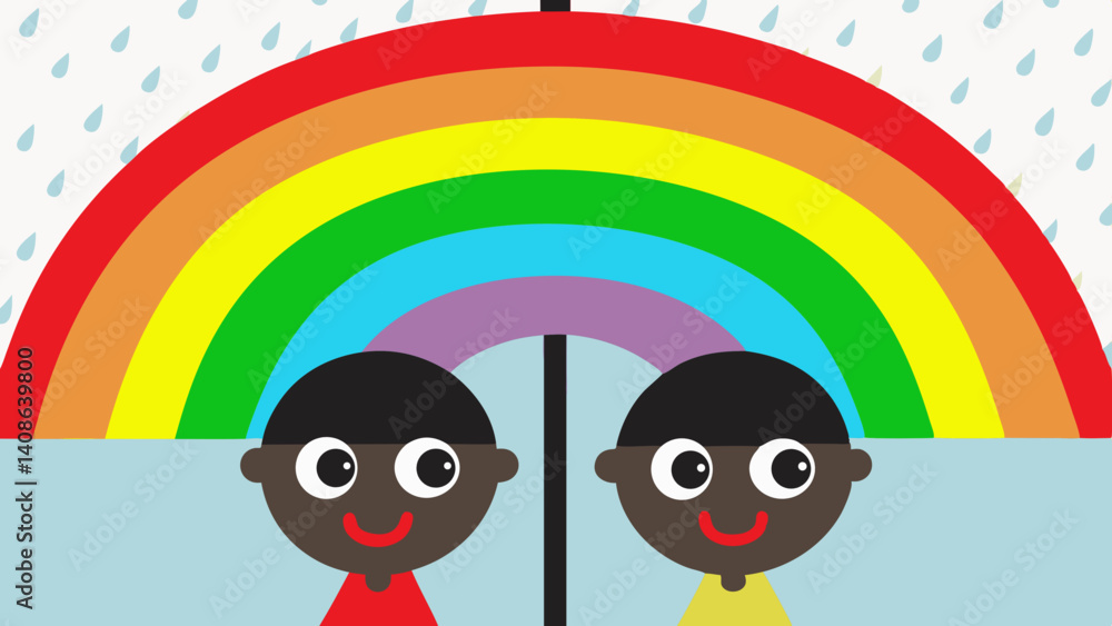 Fototapeta premium Two smiling dark-skinned children under a rainbow umbrella during a rainstorm