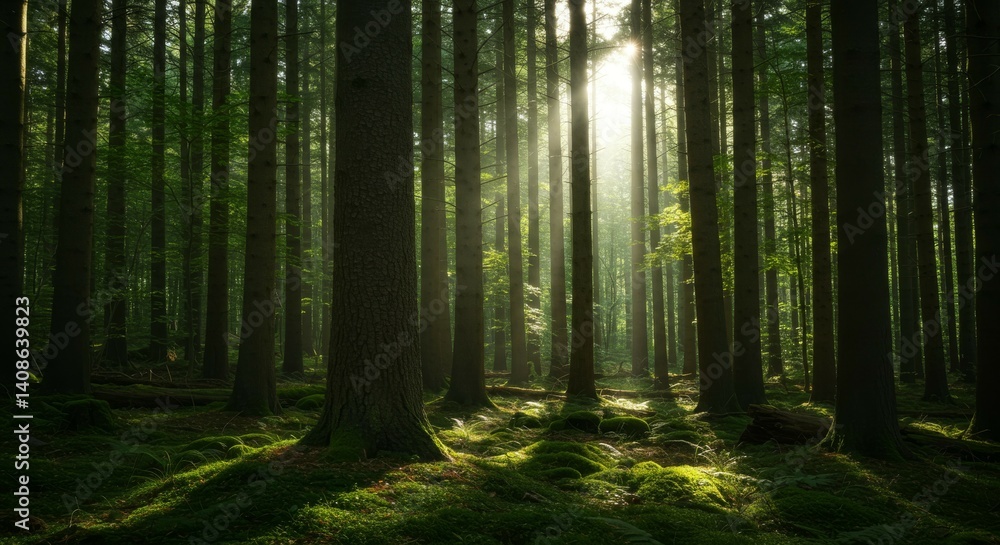 Obraz premium Sunbeams Filtering Through a Mystical Forest