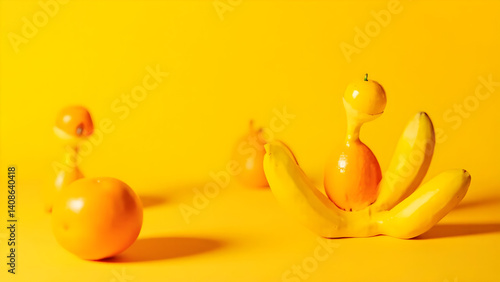 Abstract Fruit Sculpture on Vibrant Yellow Background