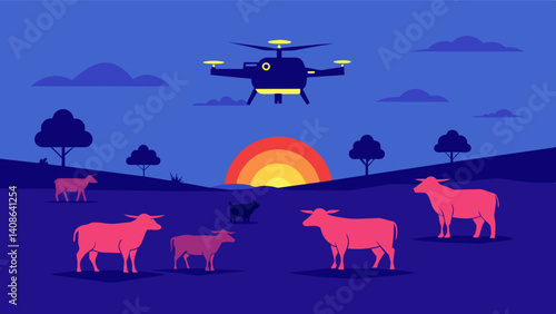 Drones equipped with thermal imaging can accurately and quickly count livestock in low light or night time conditions.. Vector illustration