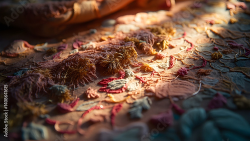 Intricate Textile Embroidery with Warm Light