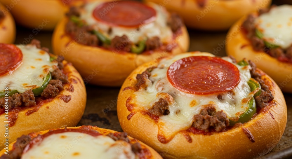Delicious mini pizza buns with savory toppings arranged on a baking sheet close-up Delicious mini pizza buns with savory toppings arranged on a baking sheet close-up