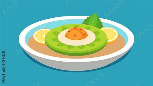Its a dance of flavors and textures as the citrusy sauce and creamy avocado perfectly complement the tenderness of the fish in a Peruvian tiradito.. Vector illustration