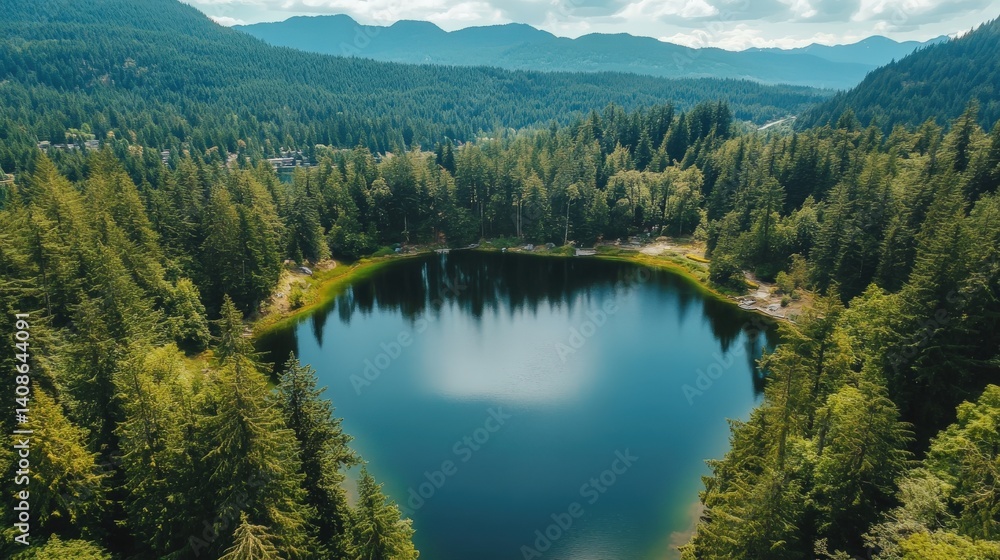 Fototapeta premium Aerial view of a beautiful tranquil lake surrounded by tall trees
