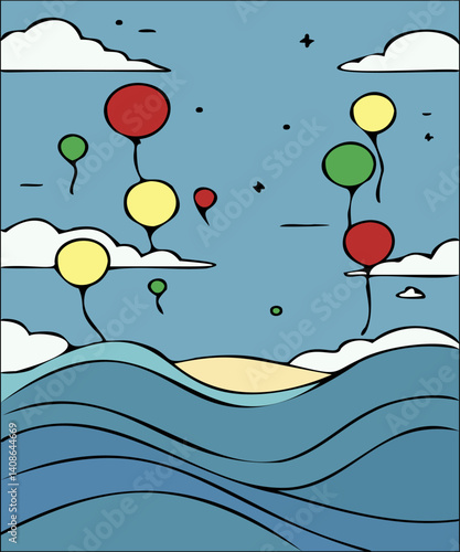 Illustration featuring vivid balloons soaring against a whimsical sky, complimented by artistic ocean waves and light clouds, evoking feelings of joy, freedom, and happiness