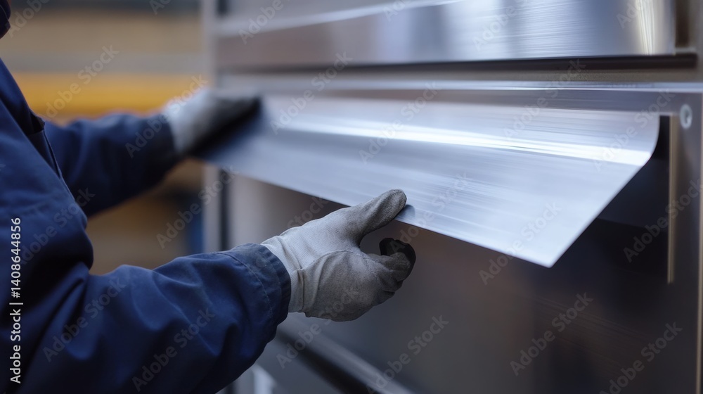 Naklejka premium Sheet metal worker bending aluminum panels for an exterior facade. Featuring precision and modern design