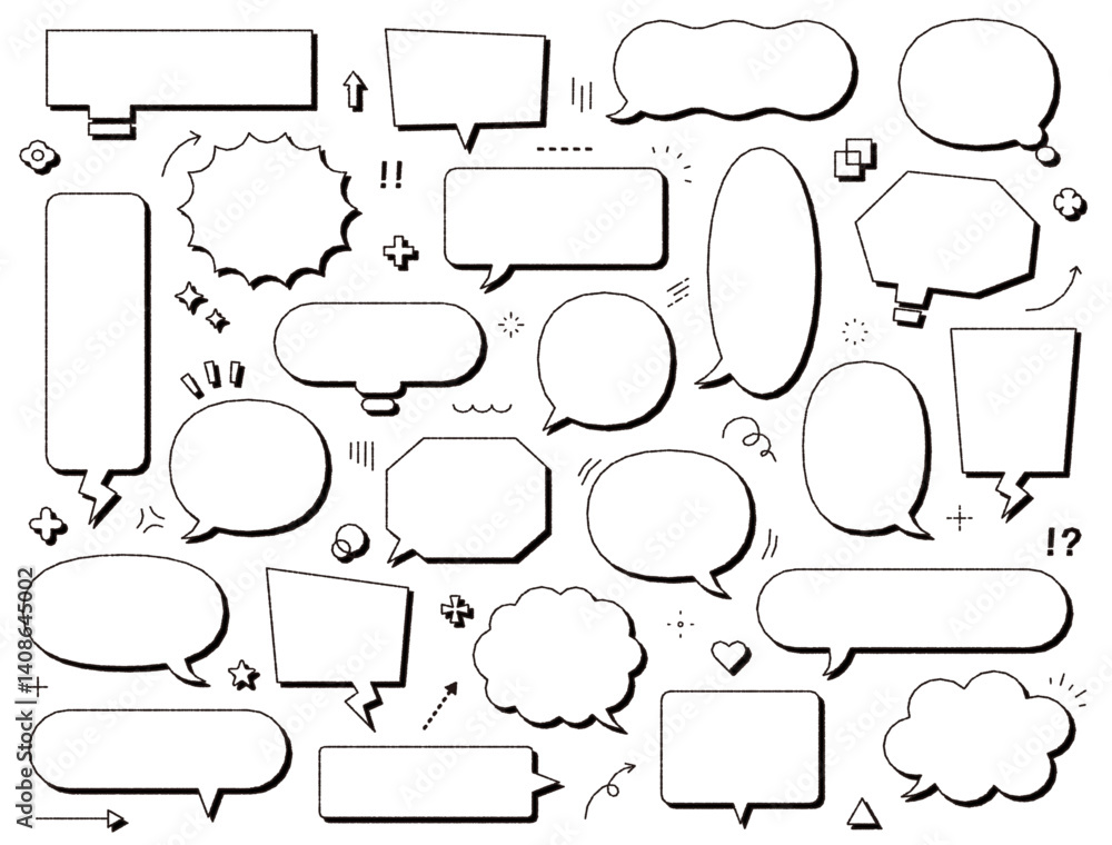 Obraz premium 影付きフキダシ セット バリエーション 線画 シンプル イラスト ベクター ペン画 複数 黒