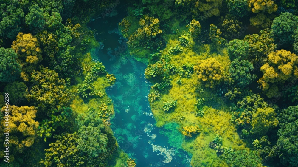 An aerial view of a vibrant river flowing through lush green forests An aerial view of a vibrant river flowing through lush green forests