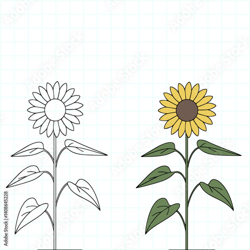 Comparison of a stylized sunflower illustration, one in black-and-white and another colored version, ideal for creative, educational, or art purposes, emphasizing creativity and artistic inspiration
