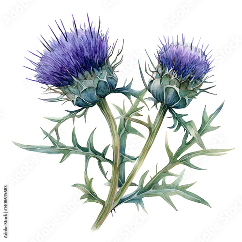 Watercolor painting of two thistle flowers and leaves on black background