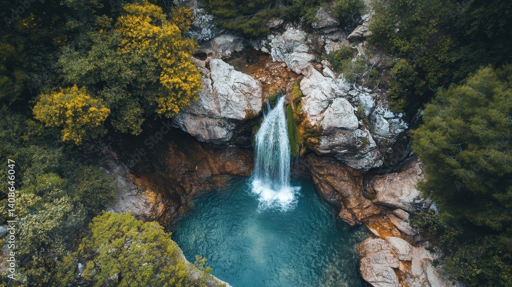 A cascading waterfall surrounded by lush green foliage and rocks A cascading waterfall surrounded by lush green foliage and rocks