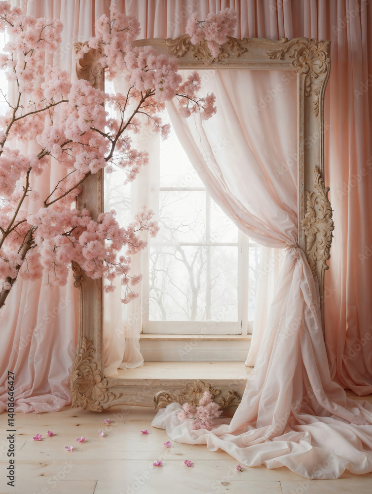 Cherry Blossom Serenity: Ornate Window Framed in Soft Pink Elegance Backdrop Cherry Blossom Serenity: Ornate Window Framed in Soft Pink Elegance Backdrop