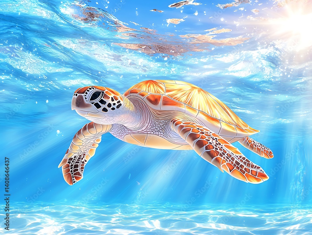 Fototapeta premium Sea Turtle Underwater Sunlight