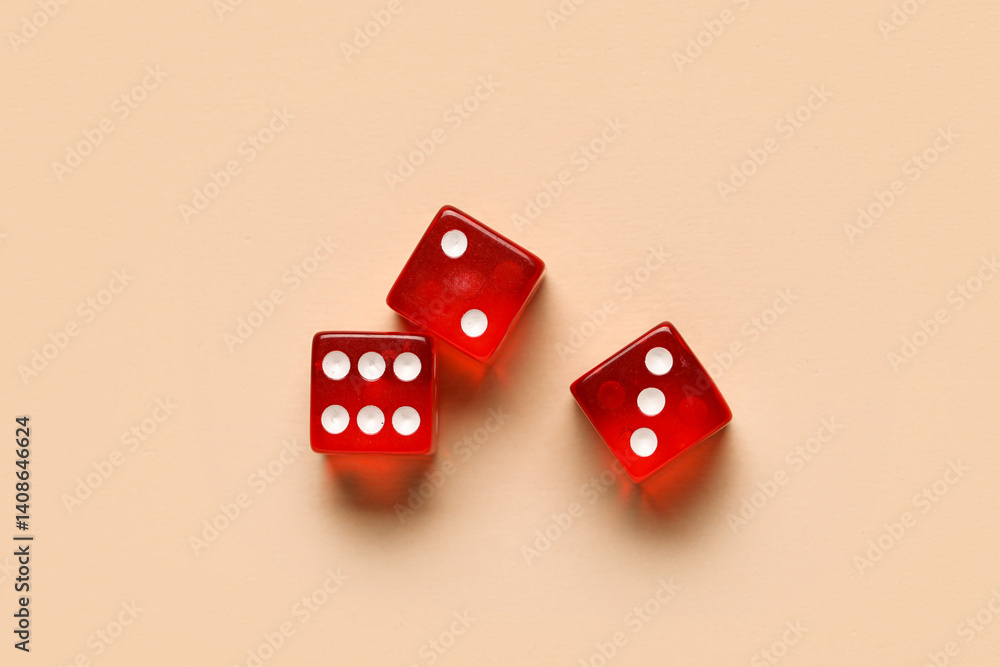 Red dices on beige background Red dices on beige background