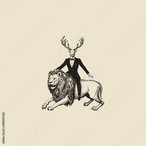 Deer headed Gentlemen riding lion design vector template illustration