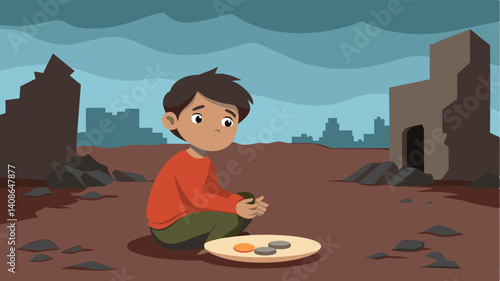 In a orn village a child sits a the rubble his somber gaze fixed on an empty plate the result of widespread destruction and food insecurity.. Vector illustration