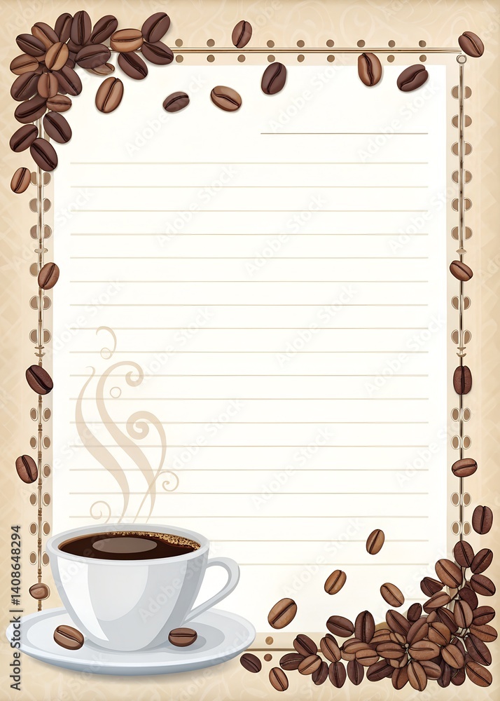 Obraz premium Banner decorative frame with an image of a cup of coffee and coffee beans, perfect for adding text and notes. 
