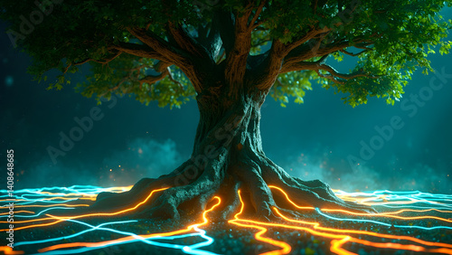 Majestic Tree with Neon Light Roots