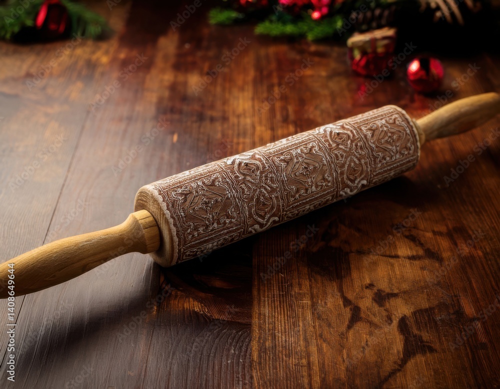 Fototapeta premium A rustic rolling pin with engraved patterns