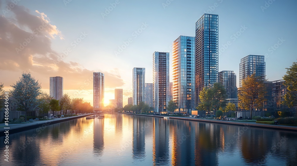 Naklejka premium Cityscape sunset canal modern buildings reflection