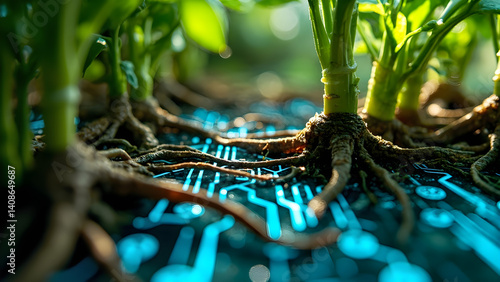 Green Plant Roots on Circuit Board