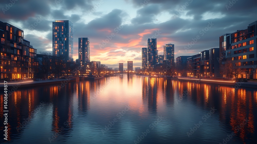 Naklejka premium Cityscape sunset canal reflection urban evening twilight