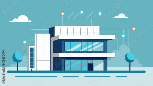 A sleek minimalist building designed for optimal energy efficiency with windows showcasing the intricate networks of data pipelines and wires running throughout the facility.. Vector illustration