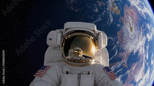 AI-generated of a closeup of an astronaut floating in the outer space against the Planet Earth