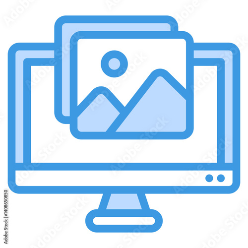 Computer monitor with mountain and sun screensaver. Ideal for naturethemed designs, virtual backgrounds, travel blogs, and remote work settings.
