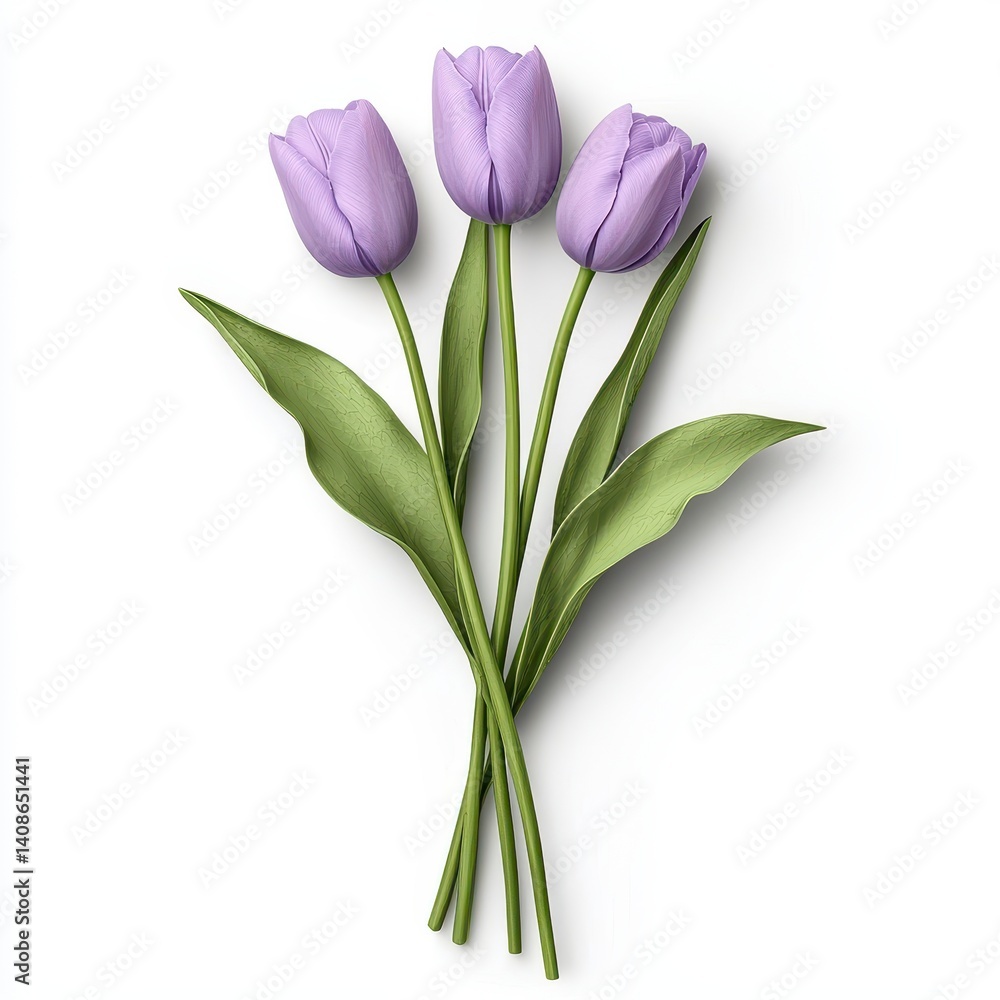 Fototapeta premium Three Light Purple Tulips on White Background