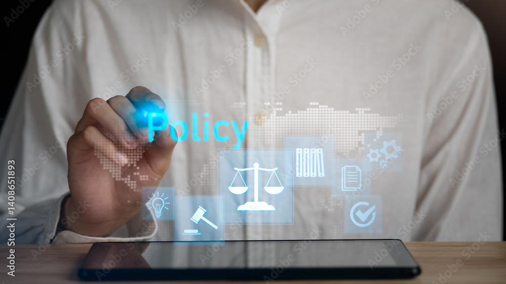 Businessman showing online document validation icon, Concepts of practices and policies, company articles of association Terms and Conditions, regulations and legal advice, corporate policy