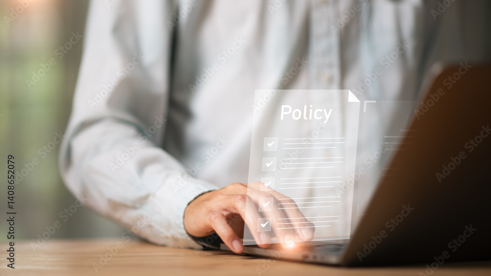 Businessman showing online document validation icon, Concepts of practices and policies, company articles of association Terms and Conditions, regulations and legal advice, corporate policy