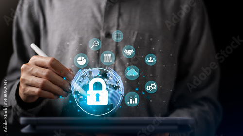Obraz na płótnie Data protection concept and secure internet security access ,cyber security technology ,Login to online database with your username and password ,cybersecurity ,Protecting data from thef w salonie
