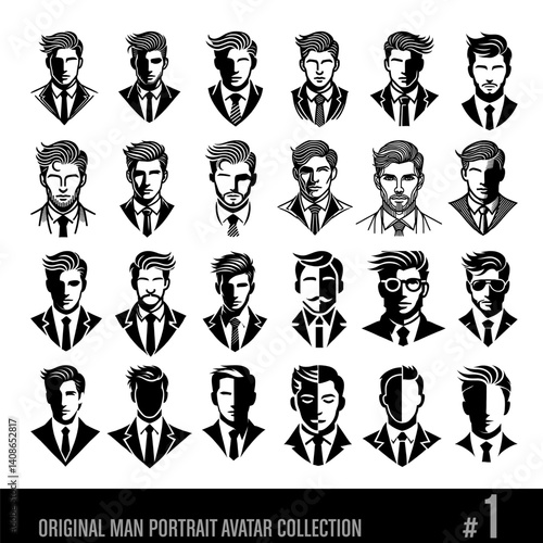 Original man portraits, avatars, black and white vector collection No 1