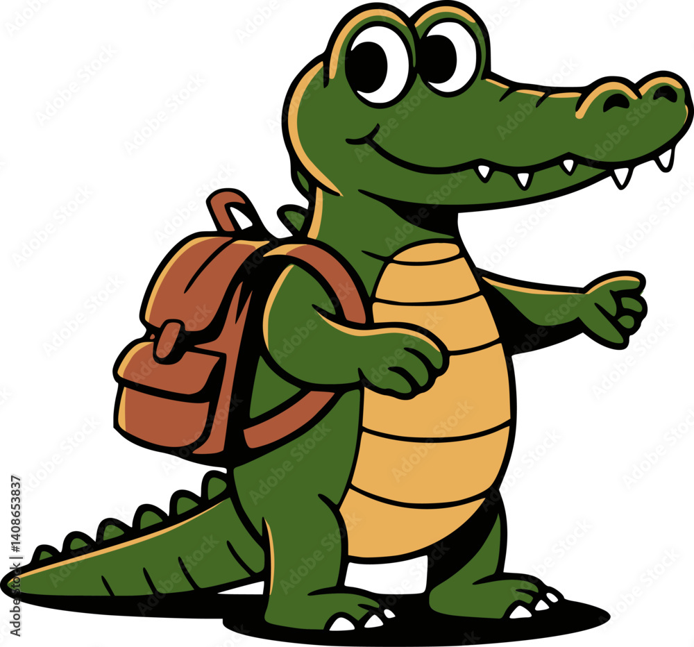 Fototapeta premium Cute Cartoon Crocodile alligator with Backpack – Colorful Children's Illustration, Playful Reptile Character for Kids' Books, Nursery Decor, logo and Educational Designs