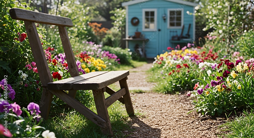 Fototapeta premium Rustic bench overlooking vibrant flowerbed, gravel path to blue garden shed, sunny day.