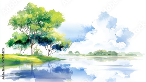 Tranquil Watercolor Landscape of Lake and Trees
