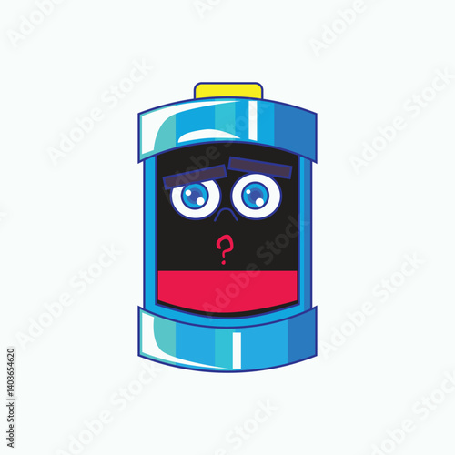 Sad cartoon battery character with low energy inside, showing weak power and tired expression