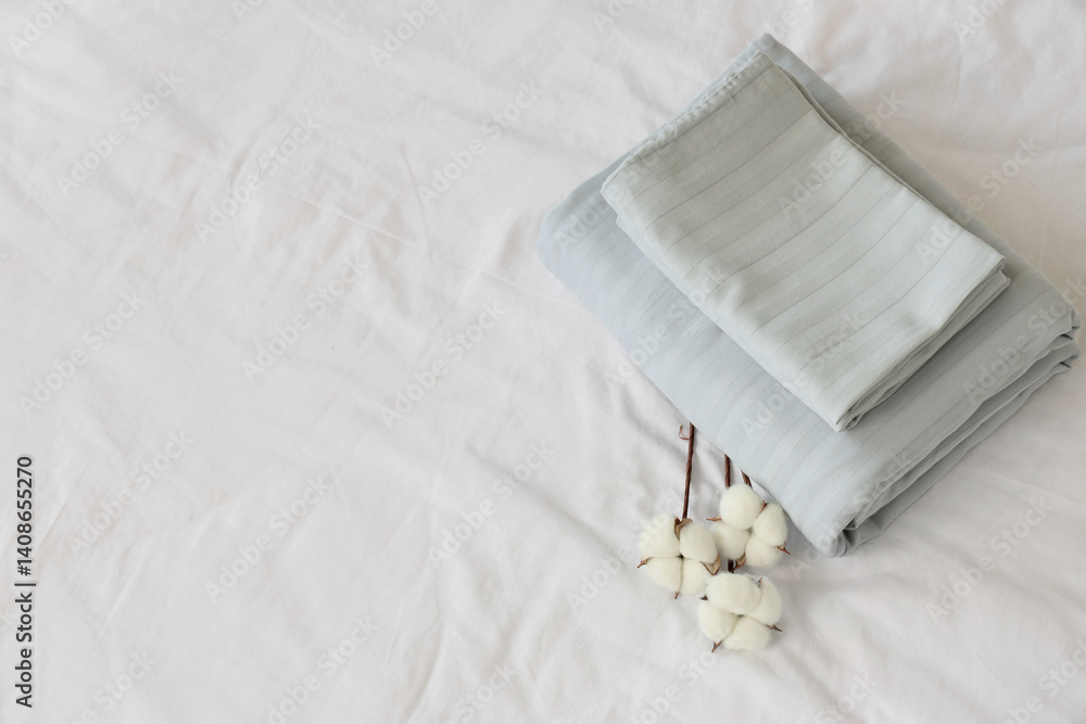 Stack of grey linen with cotton flowers on bed, top view