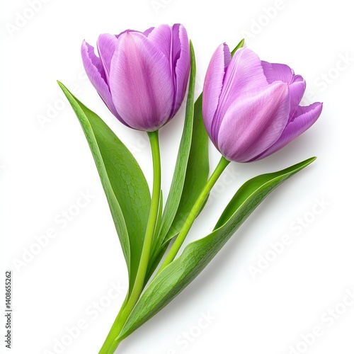 Two Purple Tulips with Green Leaves on a Clean White Background Floral Still Life