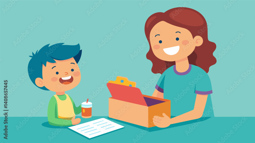 Opening his lunch box a child finds a handwritten joke from his mom brightening up his day.. Vector illustration