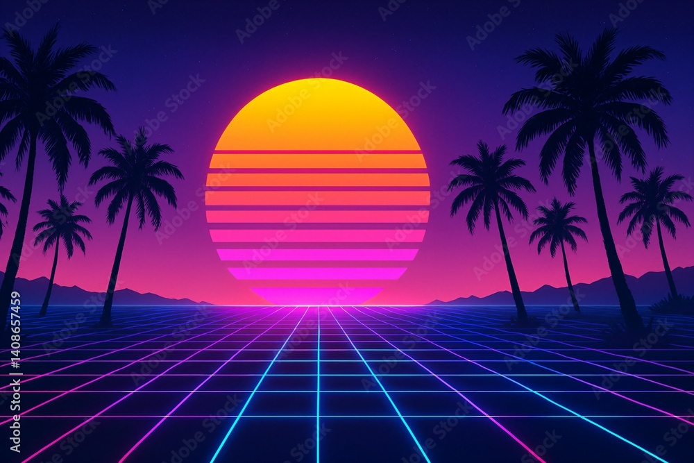 Naklejka premium neon grid landscape with palm trees and a glowing sun on the horizon