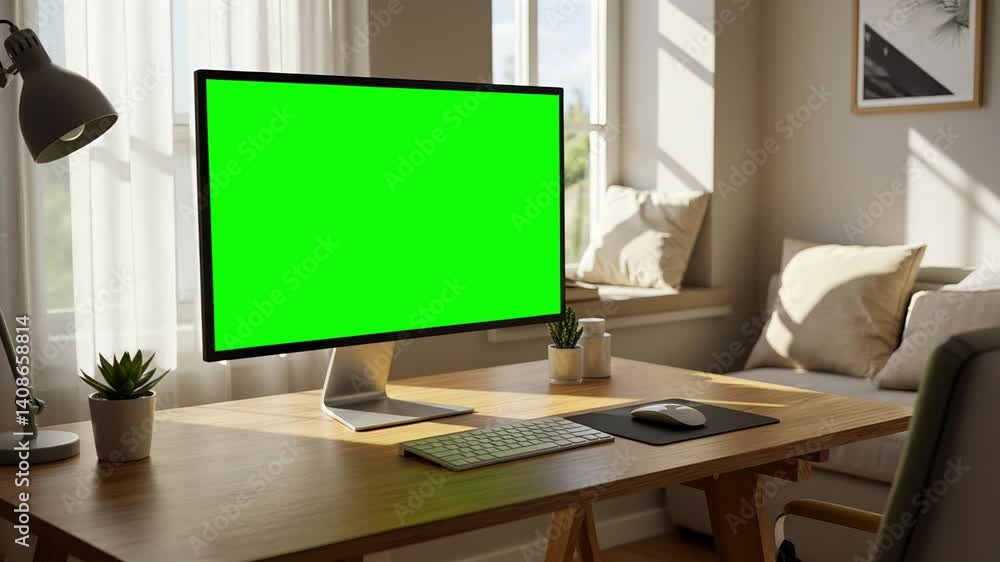 Displaying Green Screen on Computer Monitor in Home Office Interior Displaying Green Screen on Computer Monitor in Home Office Interior