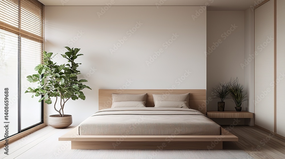 Fototapeta premium Modern cozy japandi bedroom design with natural elements in minimalist style bright and inviting atmosphere