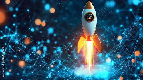 Illustration of a rocket soaring with a neon light background representing innovation and startups
